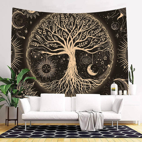 Tree of Life Tapestry Gloden Sun and Moon Wall Hanging Tapestry